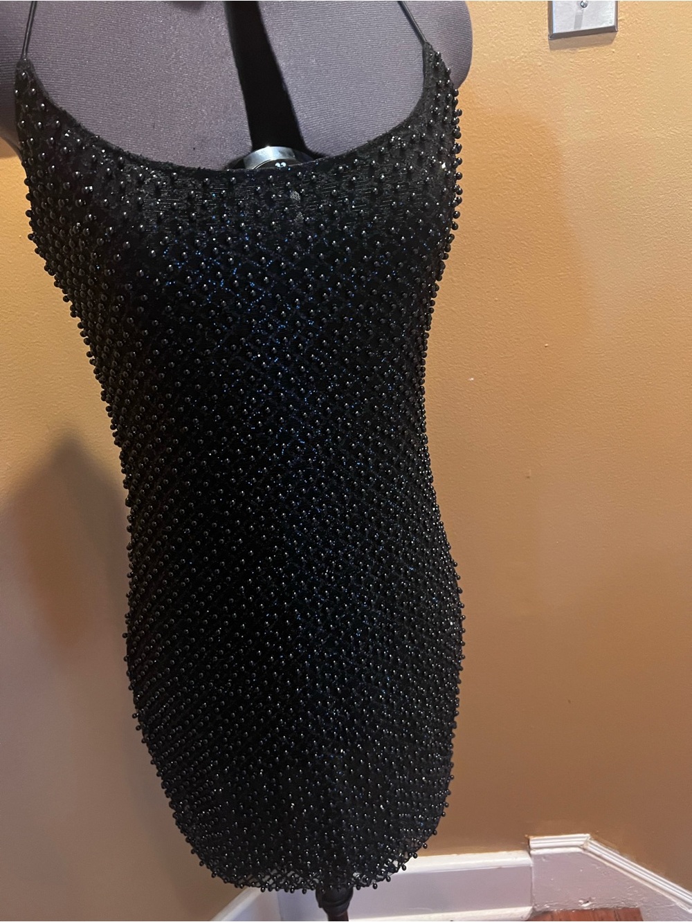 Oh Polly Black Beaded Spaghetti-Strap Mini Dress
